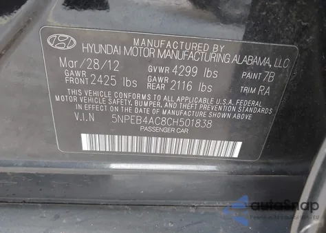 2012 Hyundai Sonata Gls from USA, damaged, VIN 5NPEB4AC8CH501838